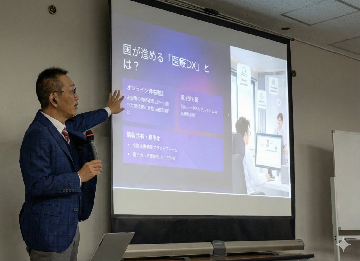 講演する代表取締役 酒井陽一郎(スライド「国が進める『医療DX』とは?」の前で)